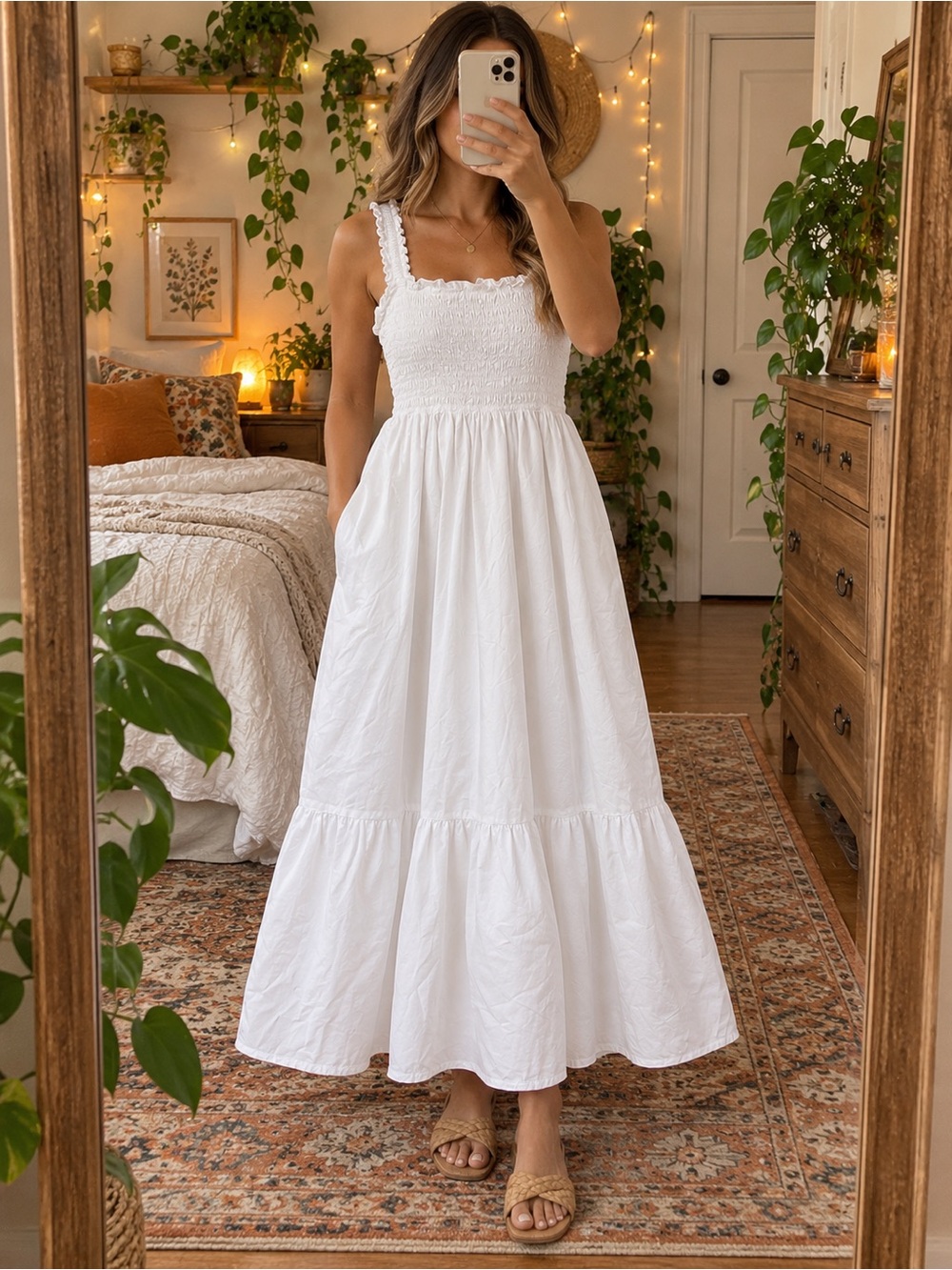 White Smocked Bodice Maxi Dress with Ruffle Straps